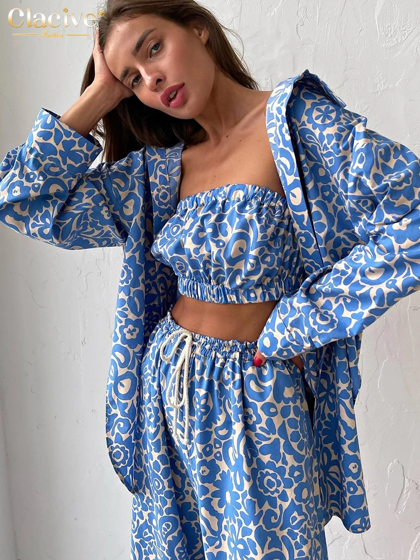 Clacive Fashion Loose Print 3 Piece Set Women Outfit Elegant Long Sleeve Blouse + Sleeveless Tube Top With High Waist Pants Set