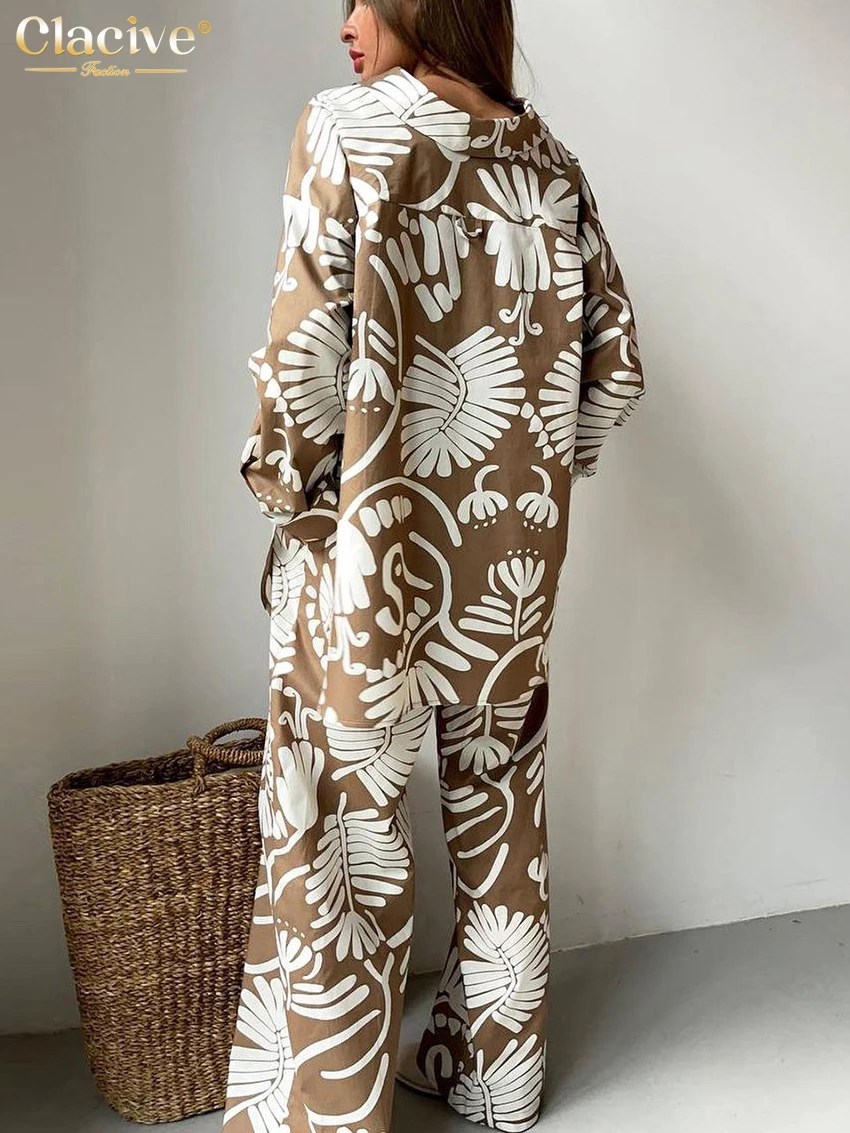 Clacive Fashion Loose Print 3 Piece Set Women Outfit Elegant Long Sleeve Blouse + Sleeveless Tube Top With High Waist Pants Set