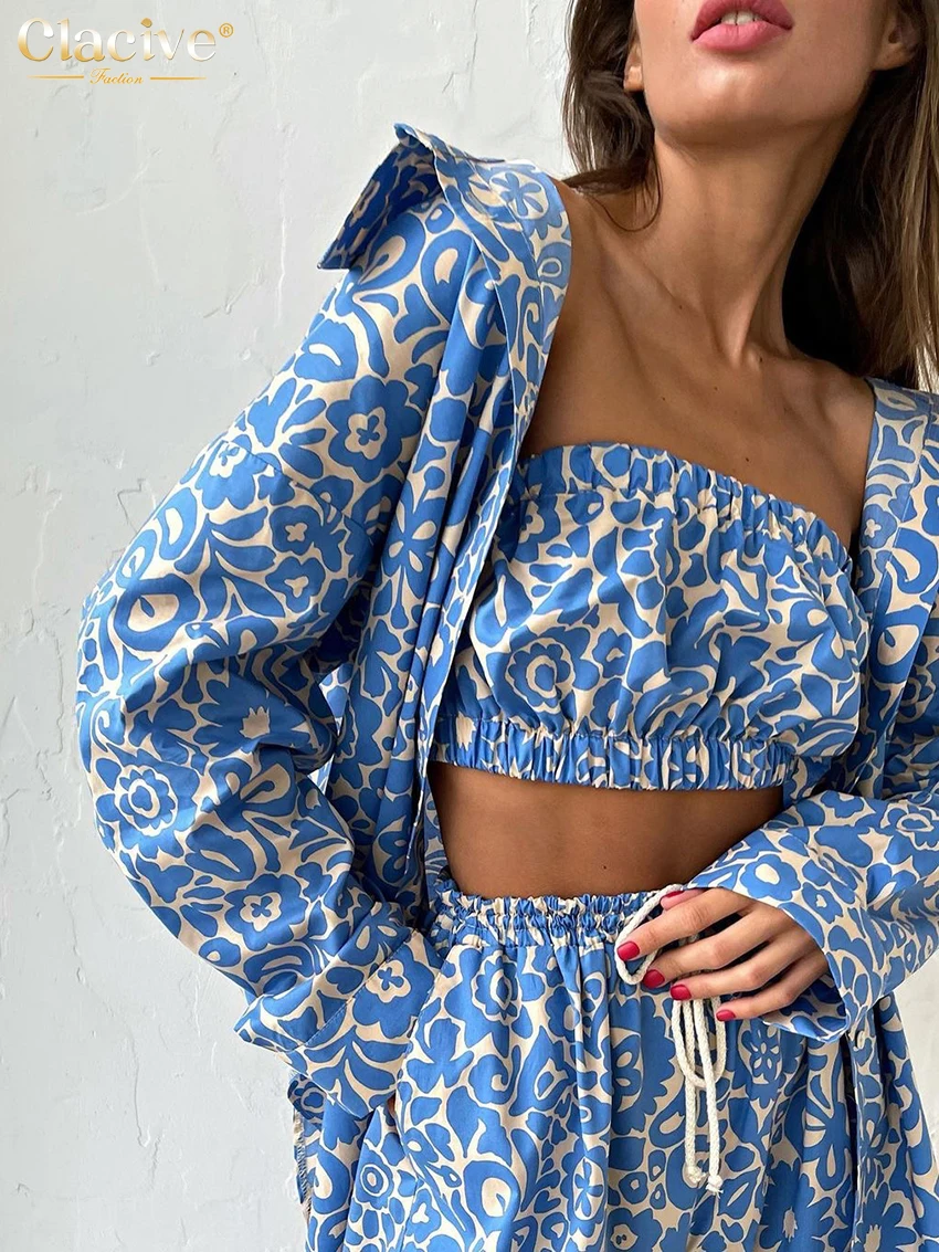 Clacive Fashion Loose Print 3 Piece Set Women Outfit Elegant Long Sleeve Blouse + Sleeveless Tube Top With High Waist Pants Set
