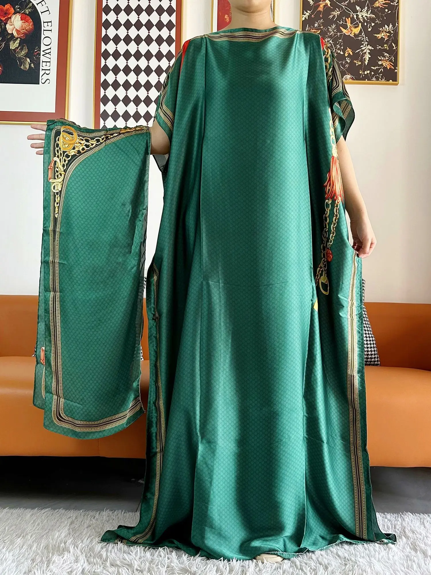 Abayas For Women 2023 Printed Silk Soft Loose Femme Robe Muslim Summer Fashion Clothing African Islam Woman Dresses With Scarfs