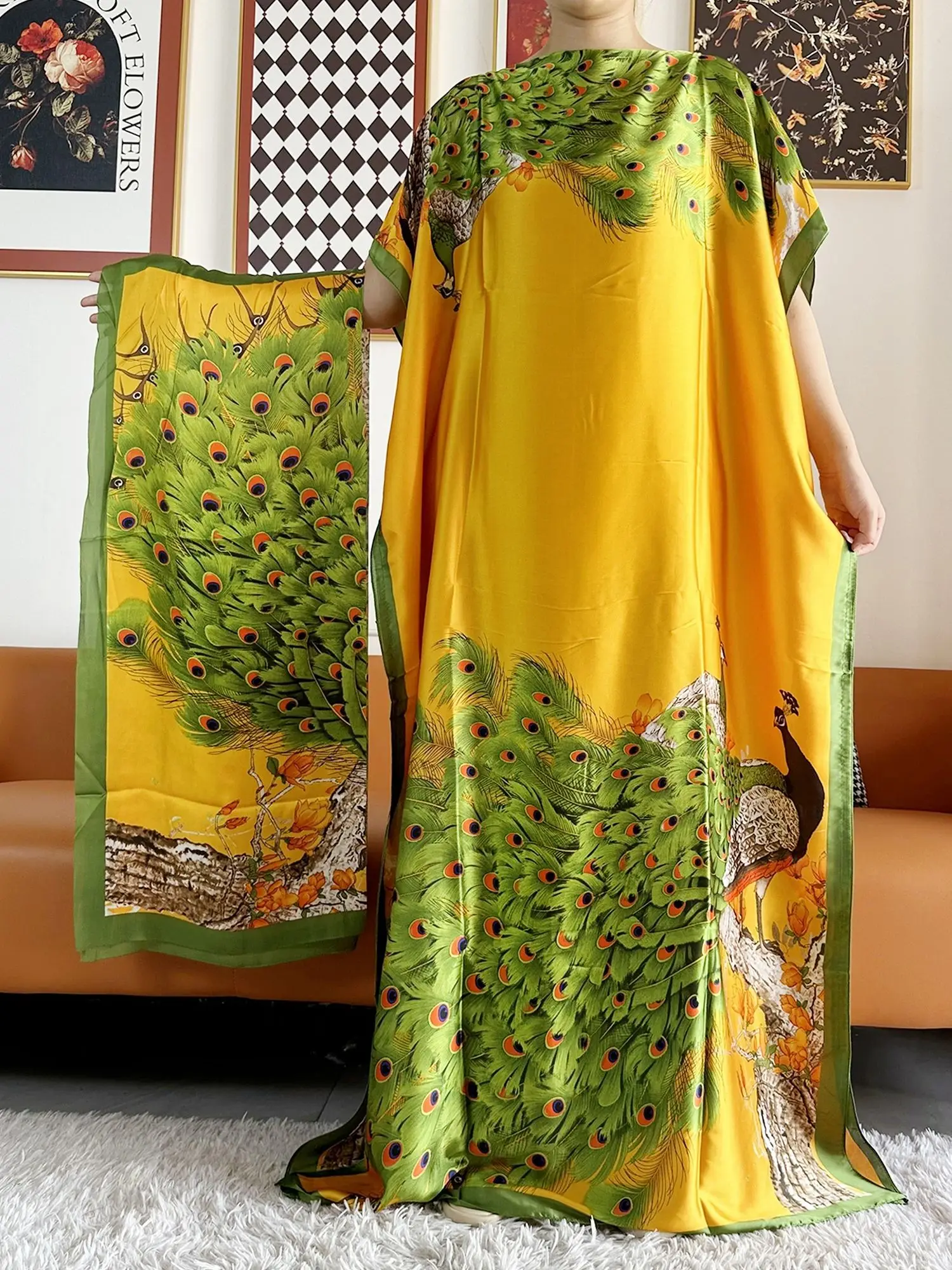 Abayas For Women 2023 Printed Silk Soft Loose Femme Robe Muslim Summer Fashion Clothing African Islam Woman Dresses With Scarfs