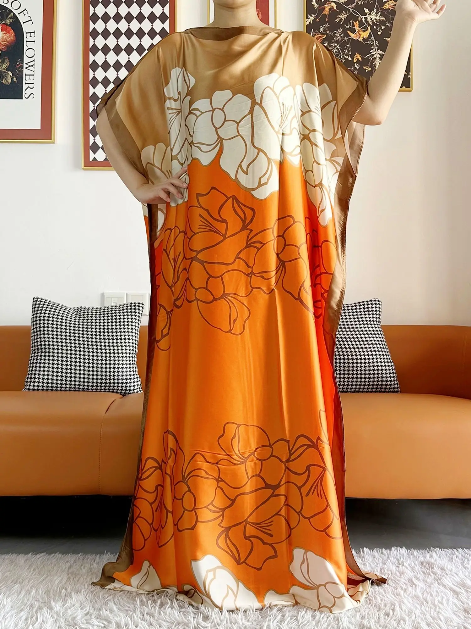 Abayas For Women 2023 Printed Silk Soft Loose Femme Robe Muslim Summer Fashion Clothing African Islam Woman Dresses With Scarfs