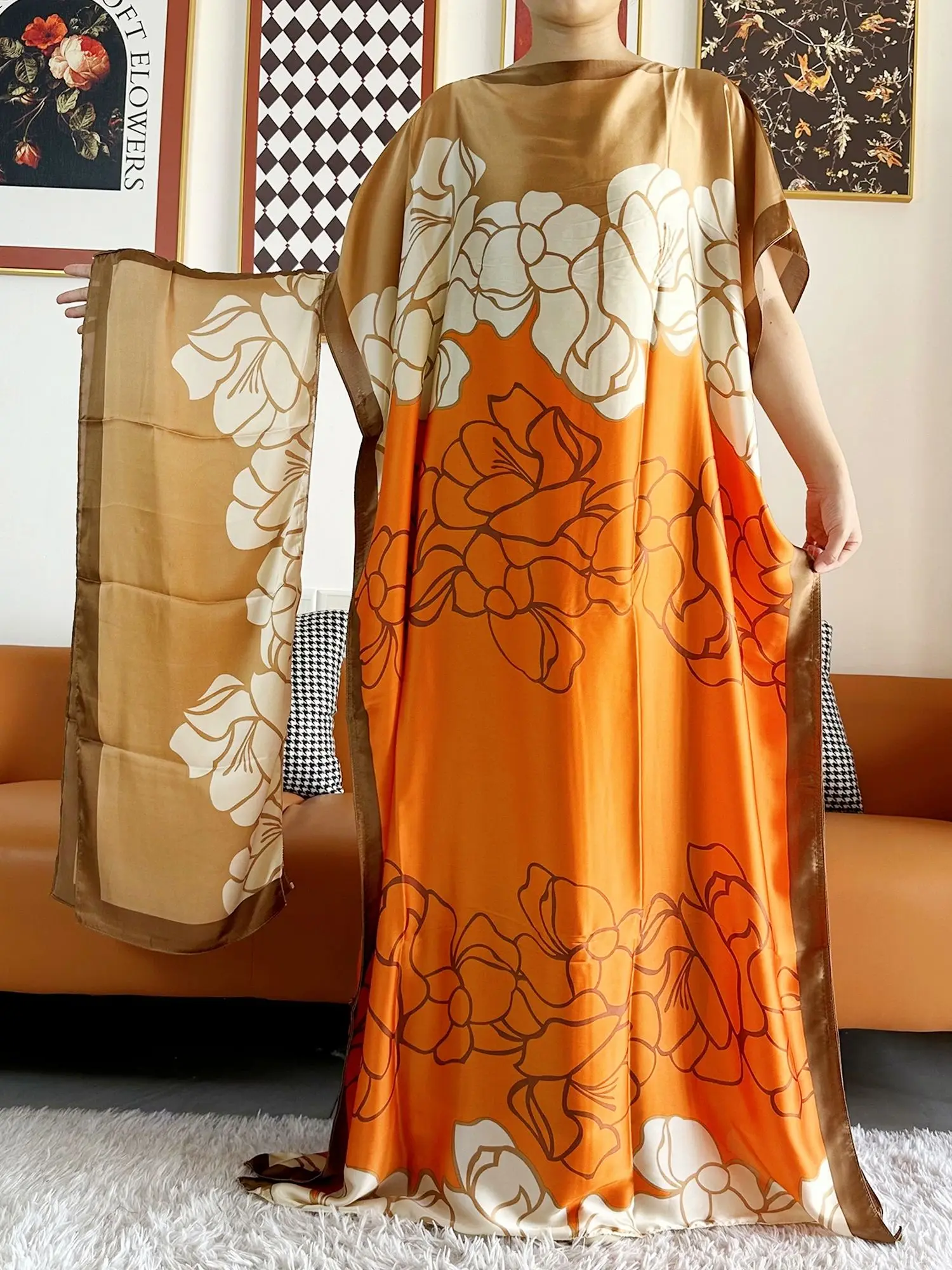 Abayas For Women 2023 Printed Silk Soft Loose Femme Robe Muslim Summer Fashion Clothing African Islam Woman Dresses With Scarfs