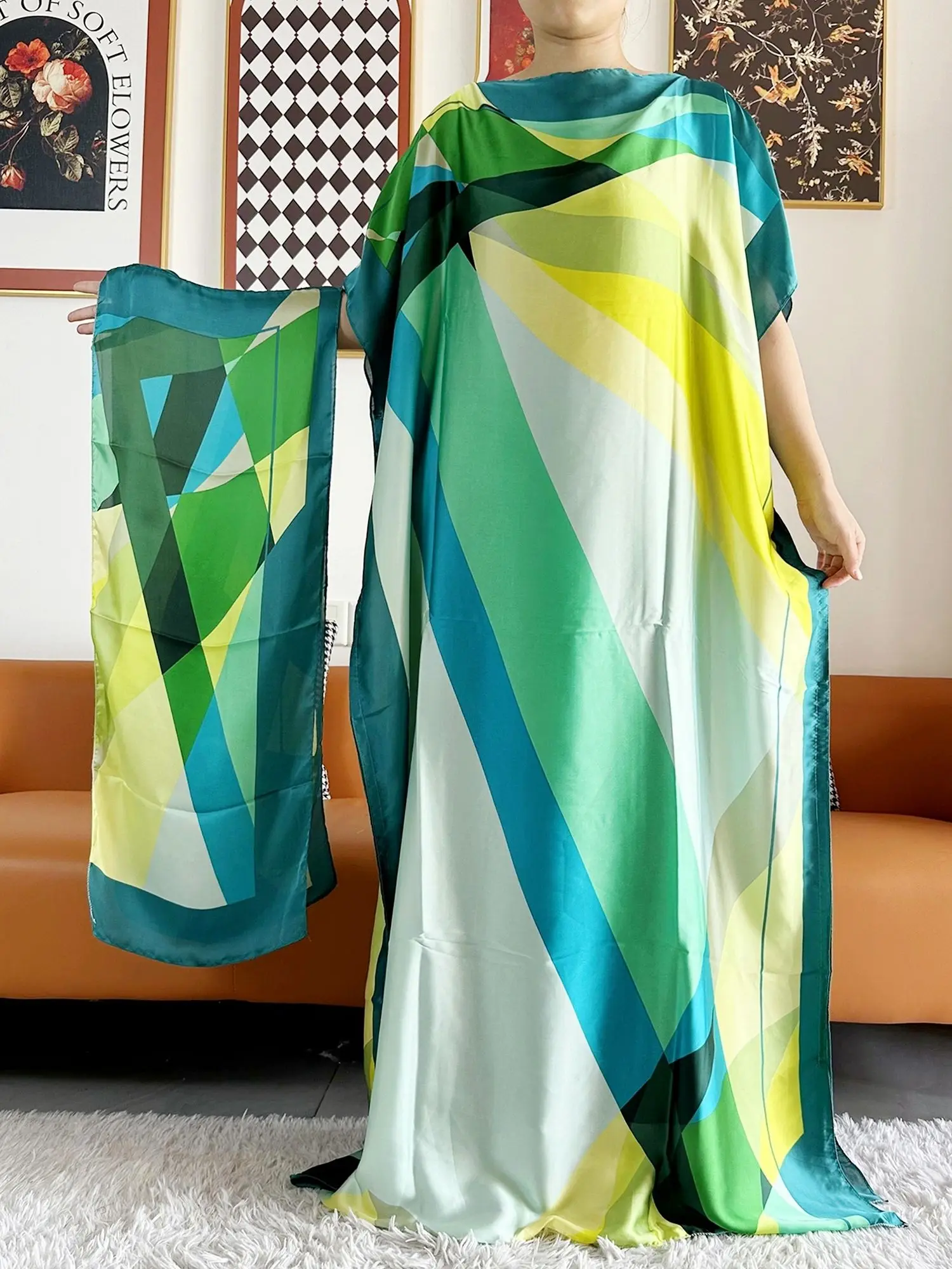 Abayas For Women 2023 Printed Silk Soft Loose Femme Robe Muslim Summer Fashion Clothing African Islam Woman Dresses With Scarfs