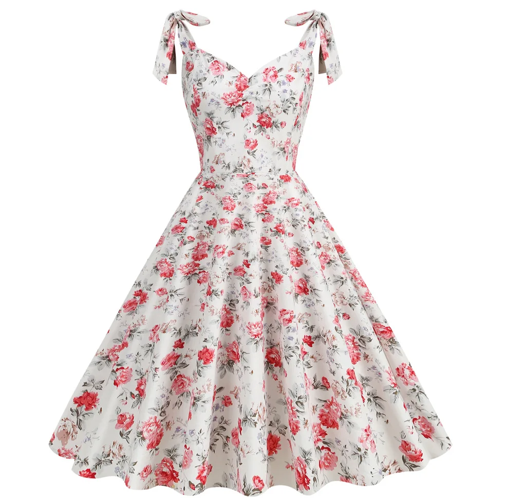 2024 New Fashion Women Summer Dress Retro 50s 60s Robe Femme Rockabilly Pinup Party Vestidos Casual Elegant Floral Office Dress