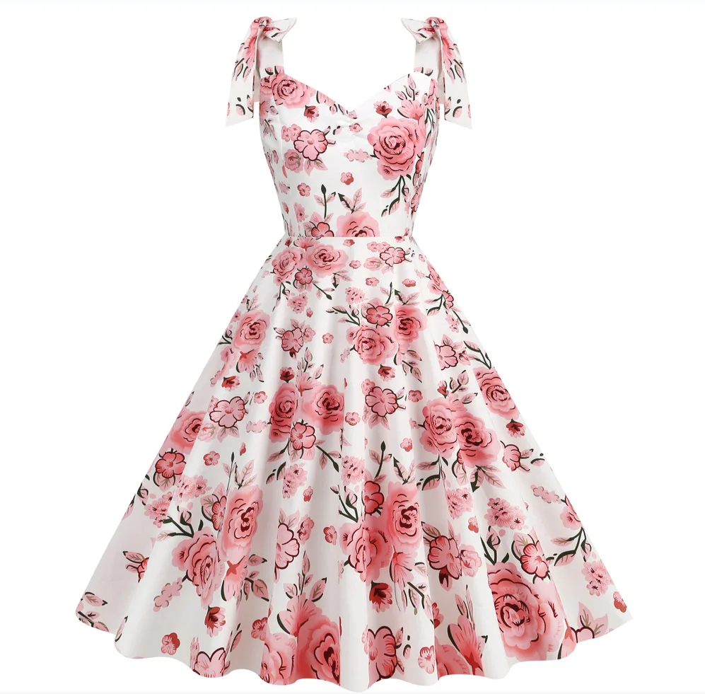 2024 New Fashion Women Summer Dress Retro 50s 60s Robe Femme Rockabilly Pinup Party Vestidos Casual Elegant Floral Office Dress