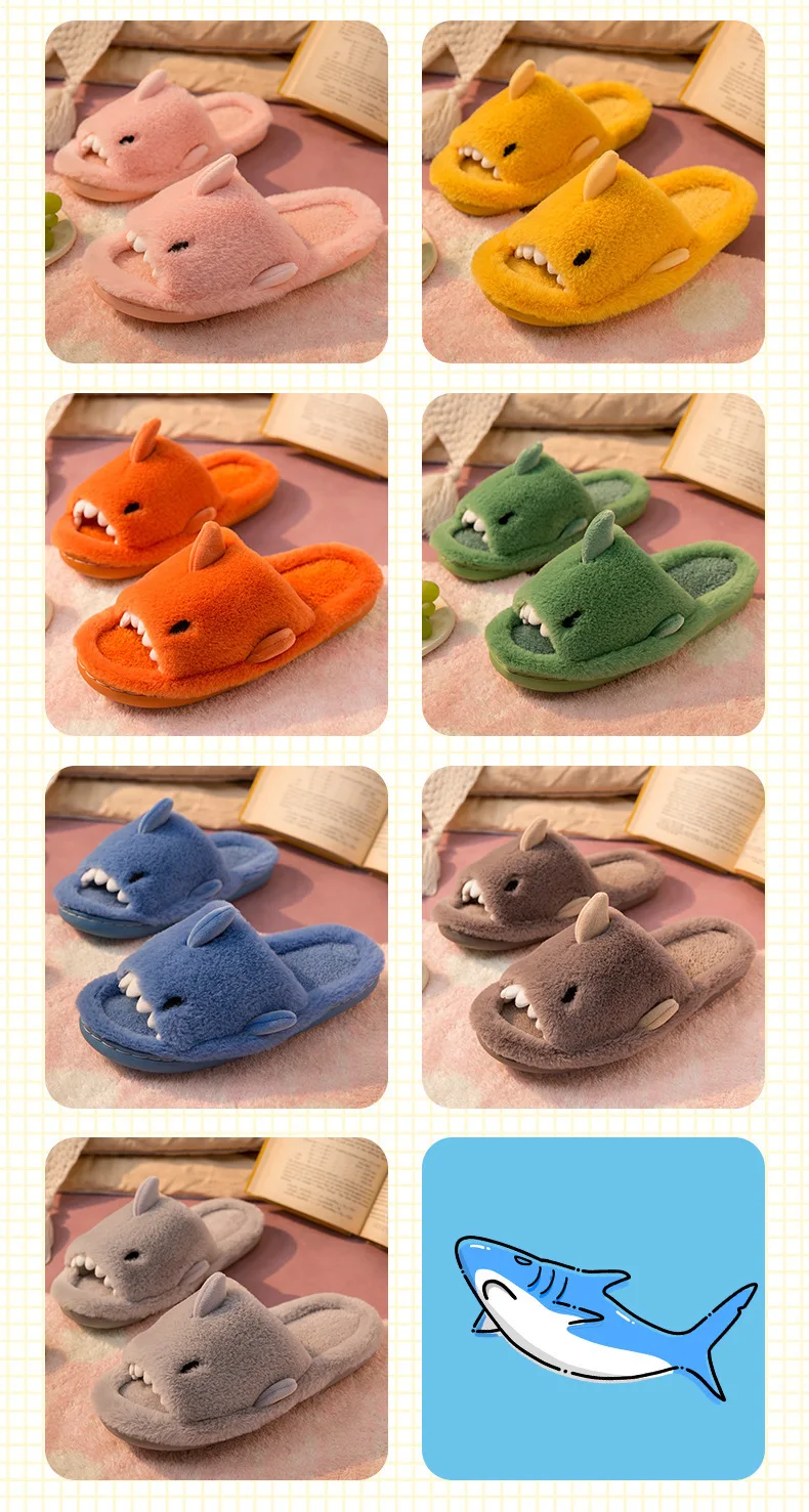 Litfun Plush Shark Slippers For Women Men Soft Furry Cotton Slippers Winter Indoor Cotton Shoes Open-Toe Non-slip Home Flip Flop