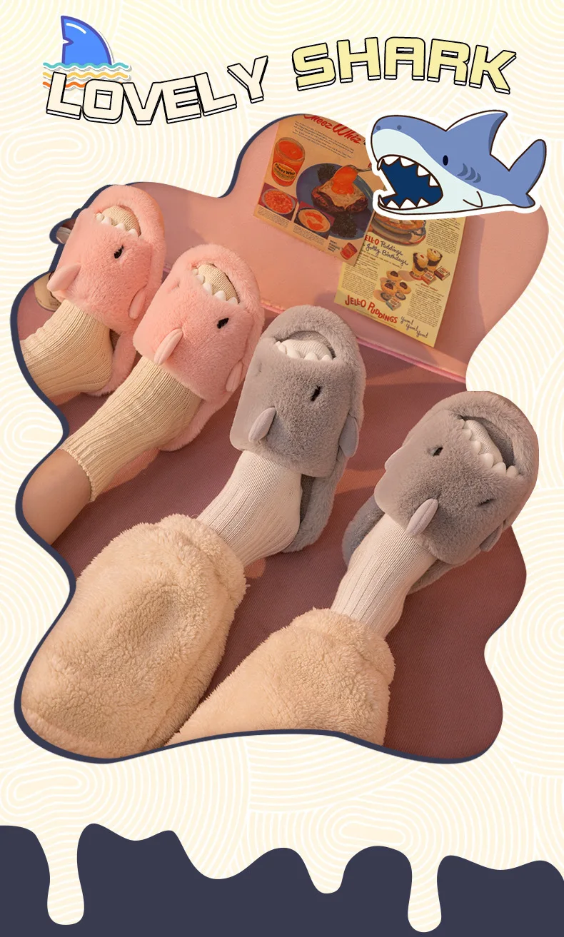 Litfun Plush Shark Slippers For Women Men Soft Furry Cotton Slippers Winter Indoor Cotton Shoes Open-Toe Non-slip Home Flip Flop