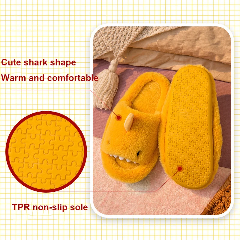 Litfun Plush Shark Slippers For Women Men Soft Furry Cotton Slippers Winter Indoor Cotton Shoes Open-Toe Non-slip Home Flip Flop