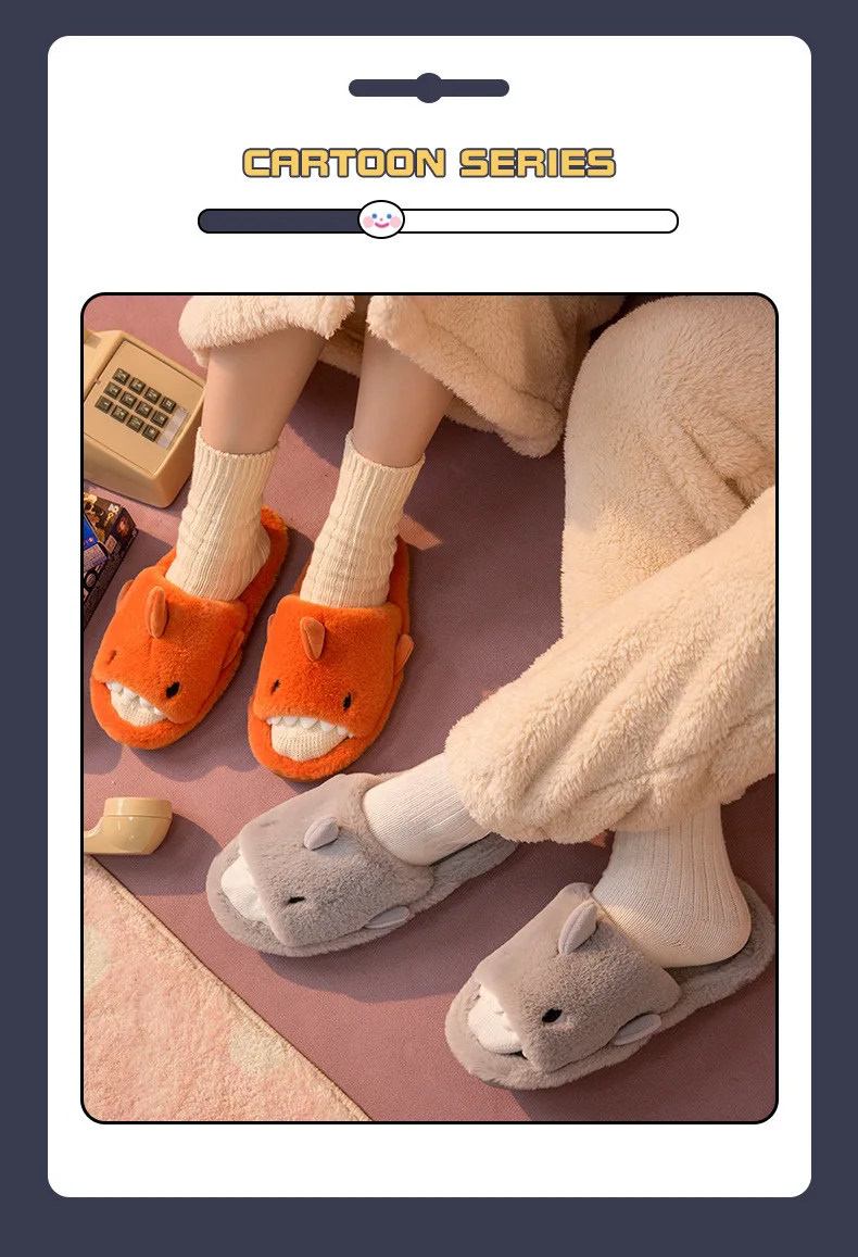 Litfun Plush Shark Slippers For Women Men Soft Furry Cotton Slippers Winter Indoor Cotton Shoes Open-Toe Non-slip Home Flip Flop