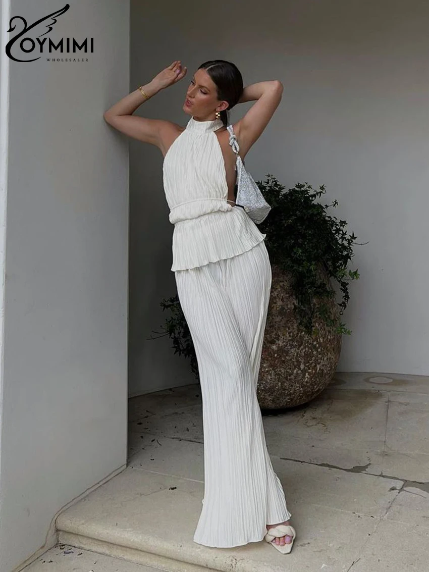 Oymimi Sexy White Pleated 2 Piece Sets Women Outfit 2023 Fashion Sleeveless Backless Tank Top With High Waist Wide Pants Set