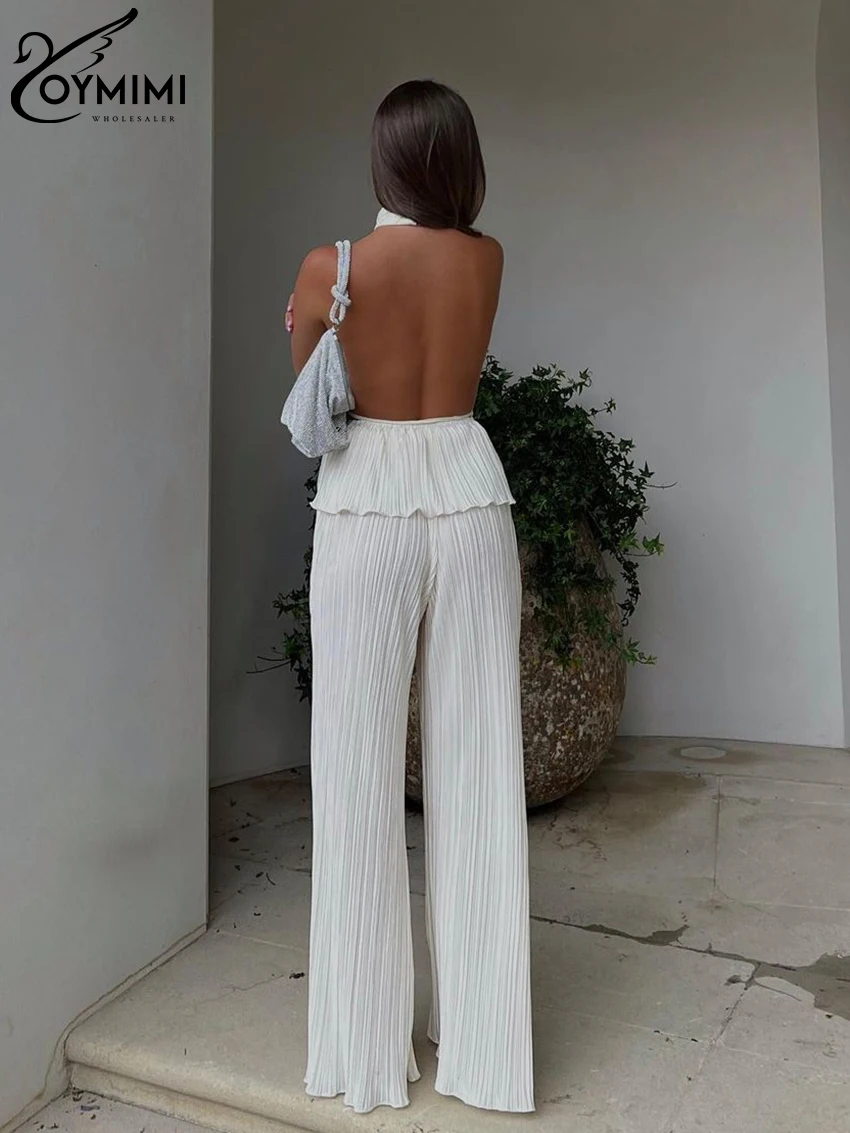 Oymimi Sexy White Pleated 2 Piece Sets Women Outfit 2023 Fashion Sleeveless Backless Tank Top With High Waist Wide Pants Set