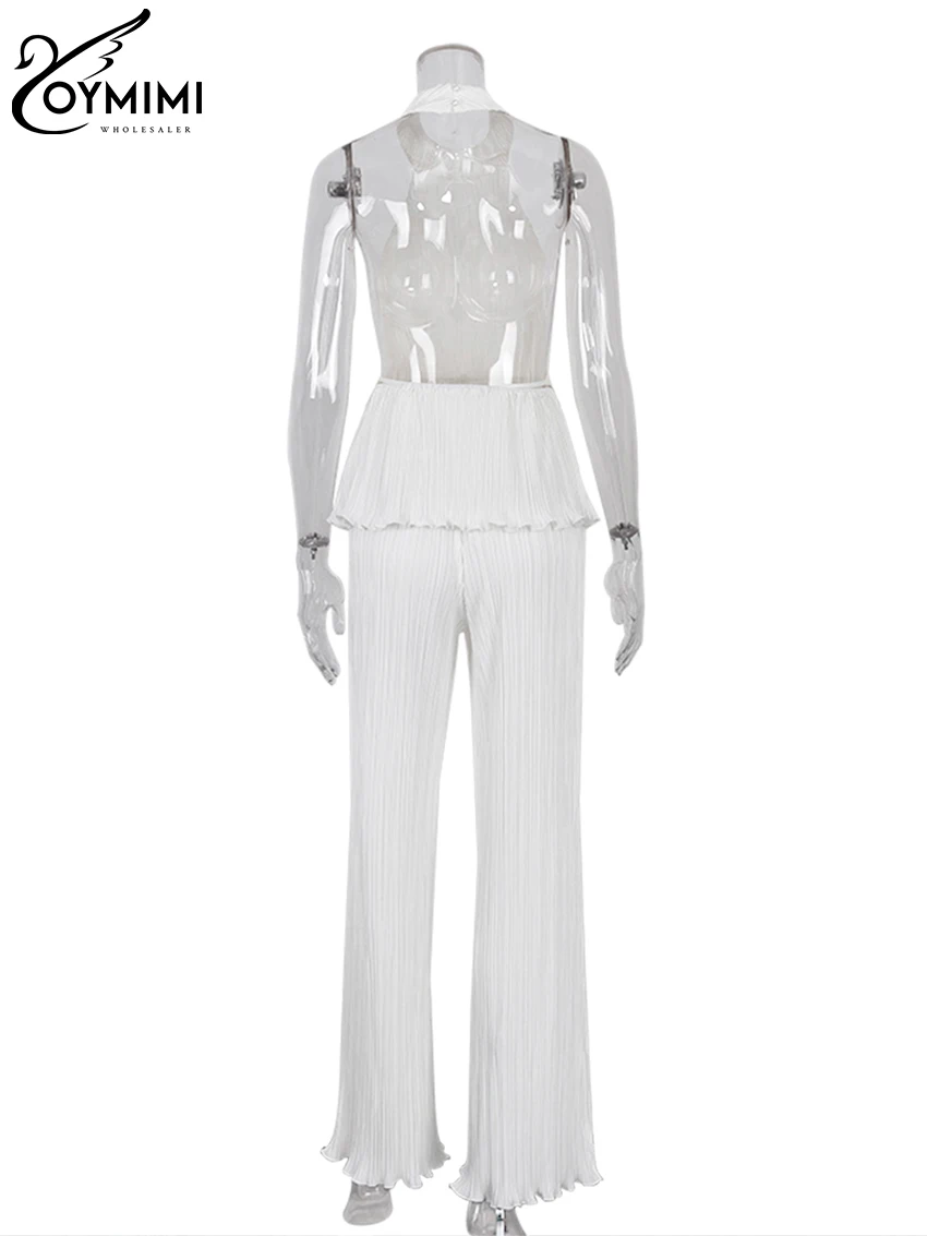 Oymimi Sexy White Pleated 2 Piece Sets Women Outfit 2023 Fashion Sleeveless Backless Tank Top With High Waist Wide Pants Set