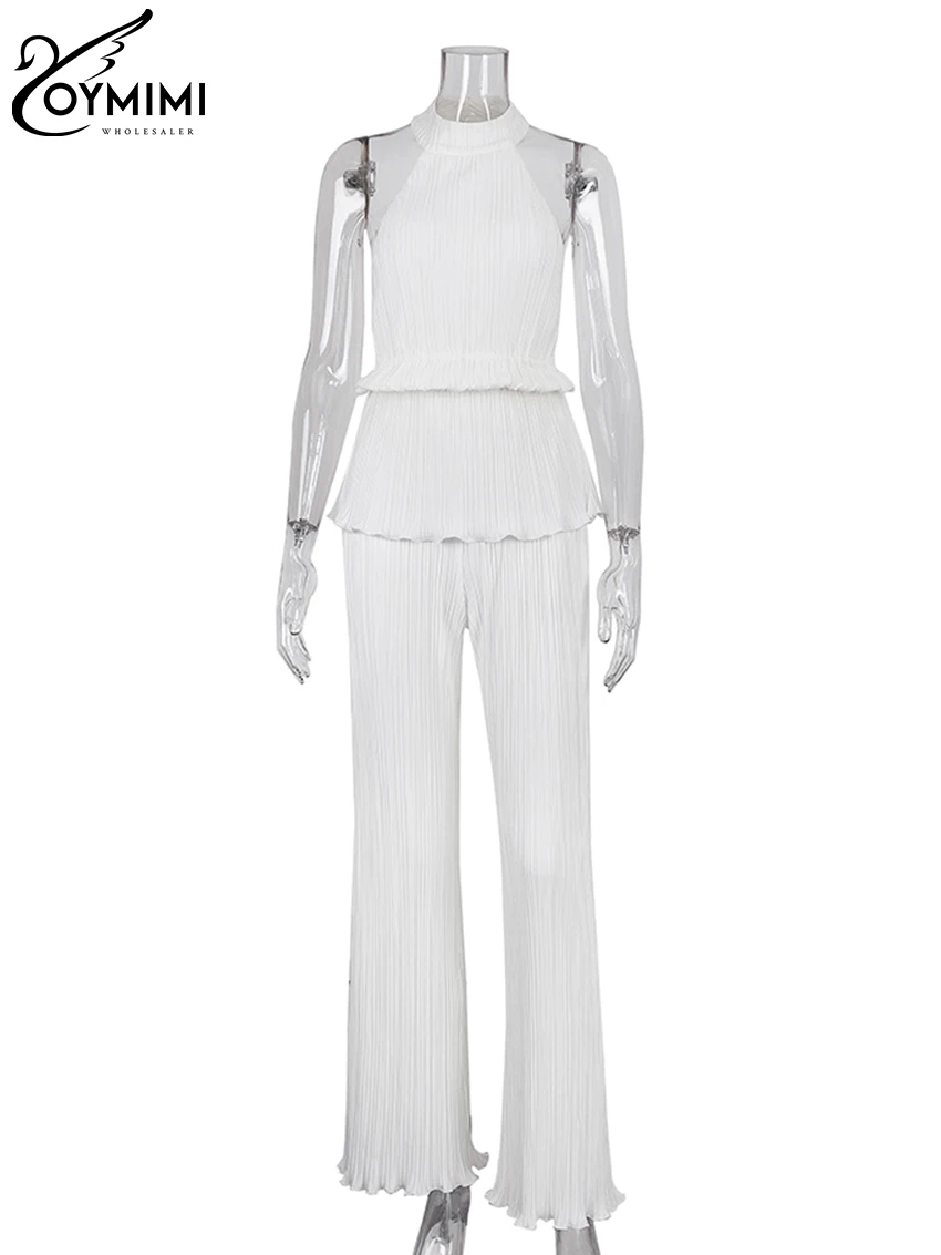 Oymimi Sexy White Pleated 2 Piece Sets Women Outfit 2023 Fashion Sleeveless Backless Tank Top With High Waist Wide Pants Set