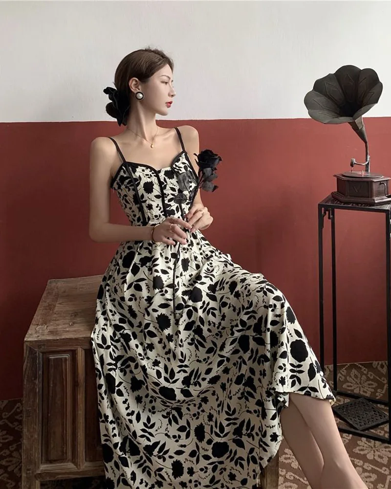 Lucyever Women Spaghetti Strap Dress Korean Style Super Fairy Floral Maxi Dress Female Summer Resort Style Suspender Dresses