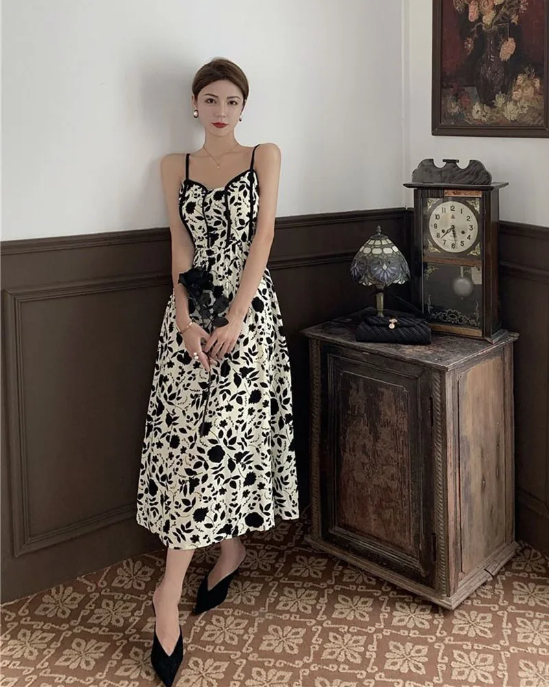 Lucyever Women Spaghetti Strap Dress Korean Style Super Fairy Floral Maxi Dress Female Summer Resort Style Suspender Dresses
