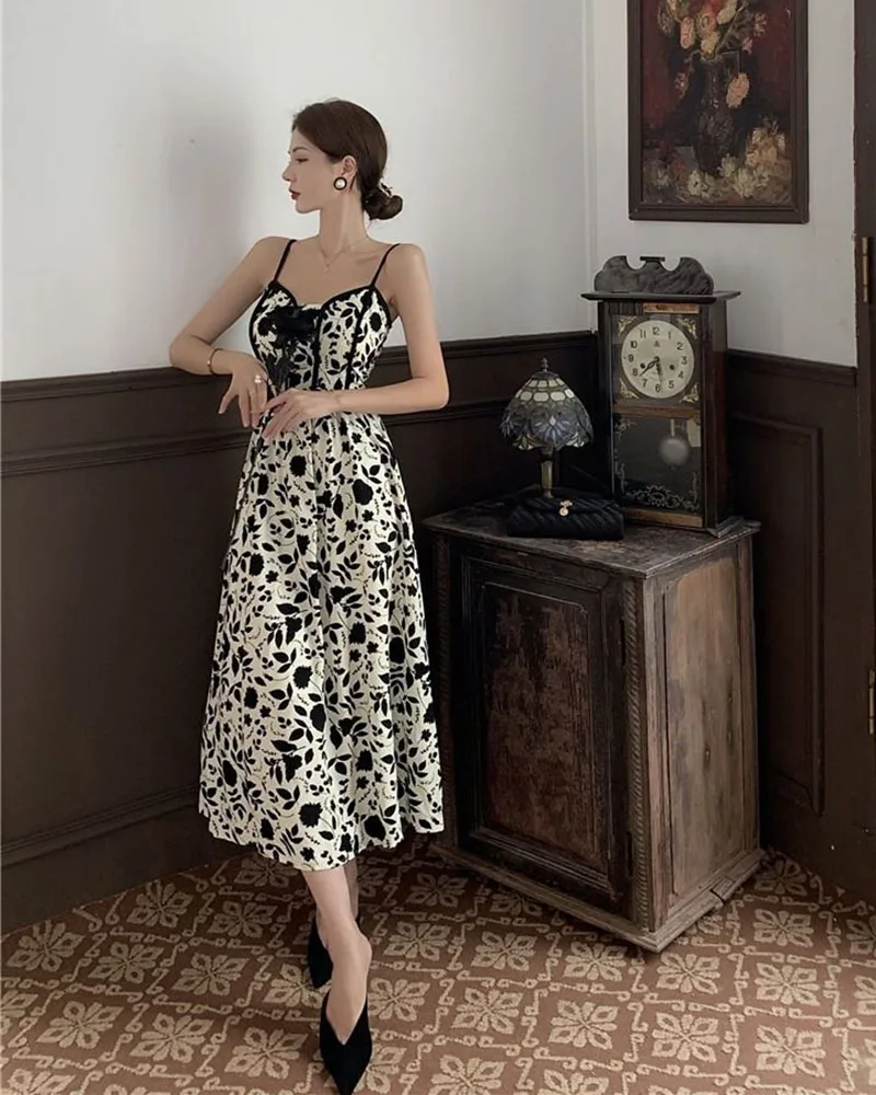 Lucyever Women Spaghetti Strap Dress Korean Style Super Fairy Floral Maxi Dress Female Summer Resort Style Suspender Dresses