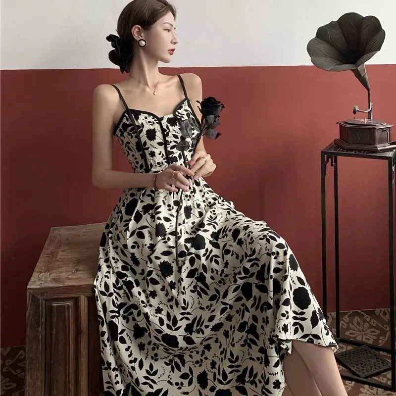 Lucyever Women Spaghetti Strap Dress Korean Style Super Fairy Floral Maxi Dress Female Summer Resort Style Suspender Dresses