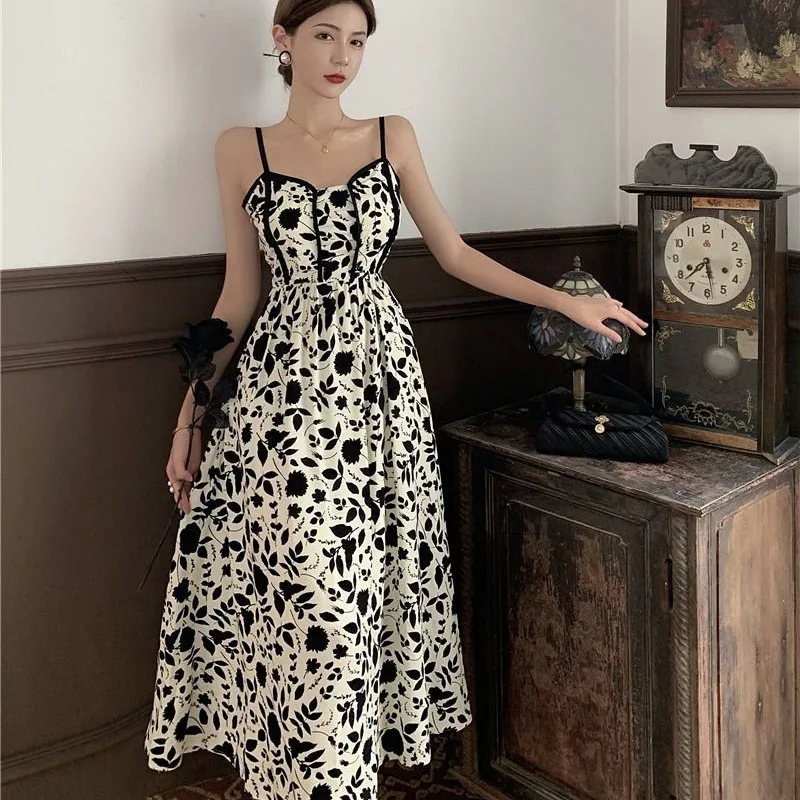 Lucyever Women Spaghetti Strap Dress Korean Style Super Fairy Floral Maxi Dress Female Summer Resort Style Suspender Dresses