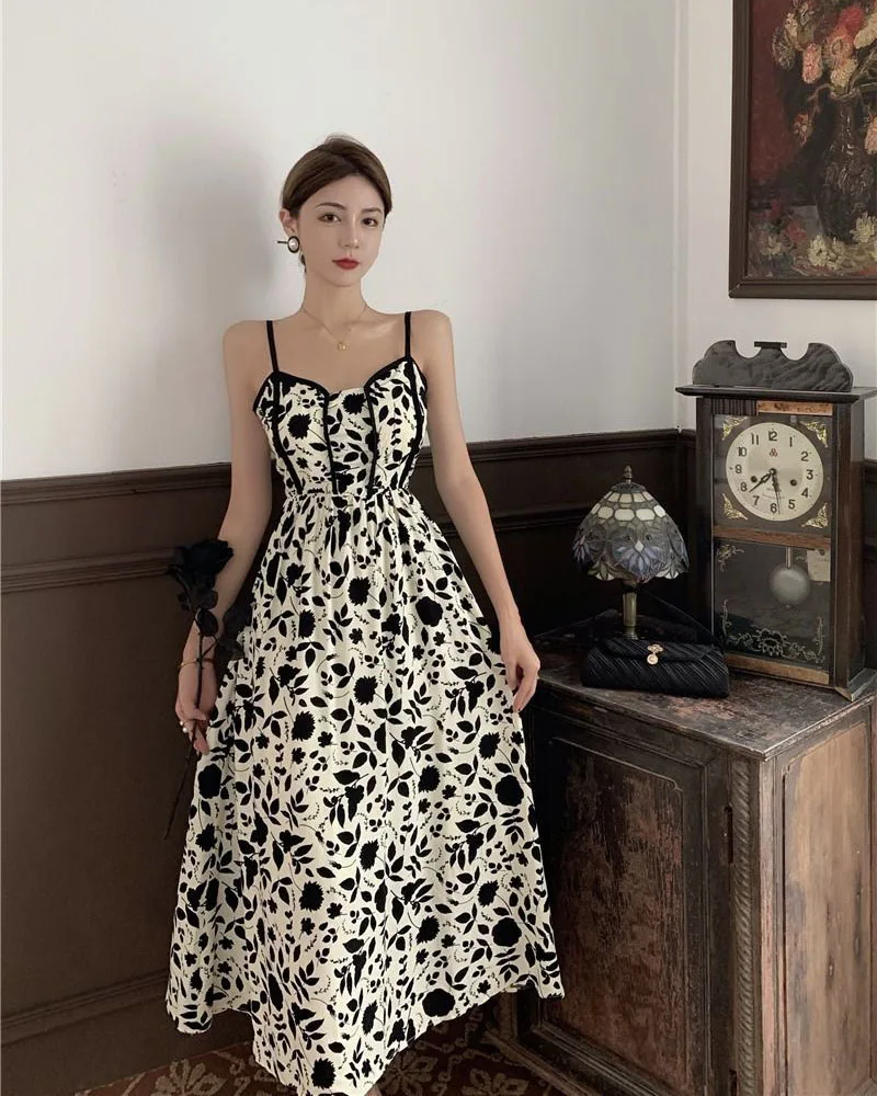 Lucyever Women Spaghetti Strap Dress Korean Style Super Fairy Floral Maxi Dress Female Summer Resort Style Suspender Dresses