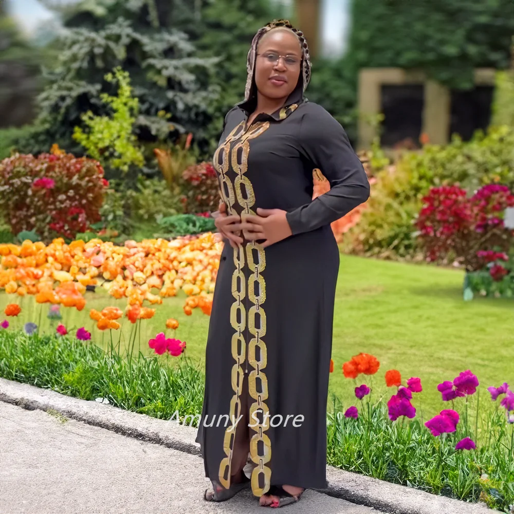 Fashion African-American Robe Hooded Black Rhinestone Embellished Dress