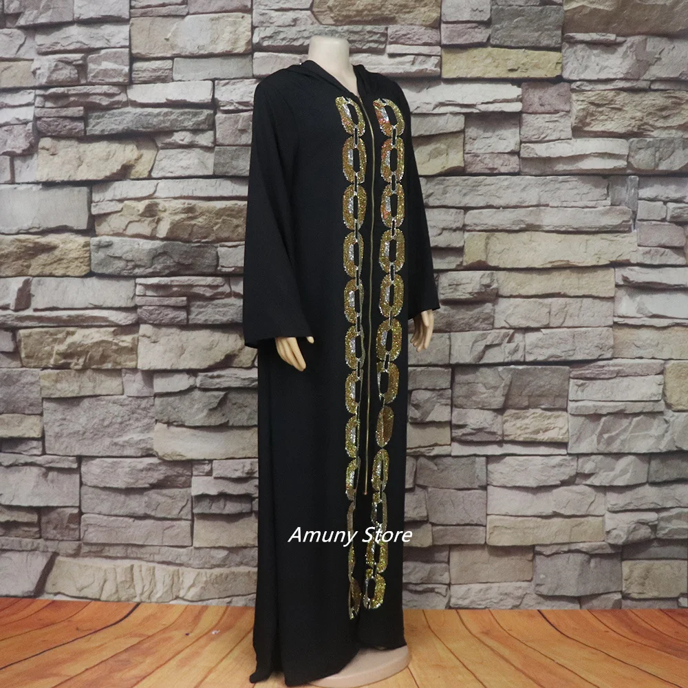 Fashion African-American Robe Hooded Black Rhinestone Embellished Dress
