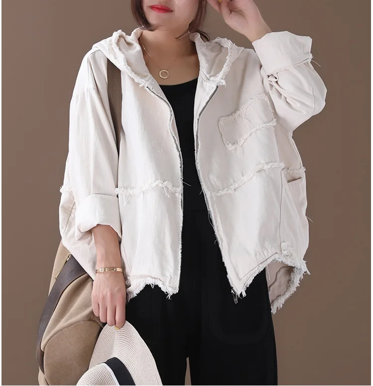 Amax luluE Korean Womens Loose Outerwear Fashion Coats Ladies Hooded Clothes Vintage Spring Jackets Oversized Denim Streetwear