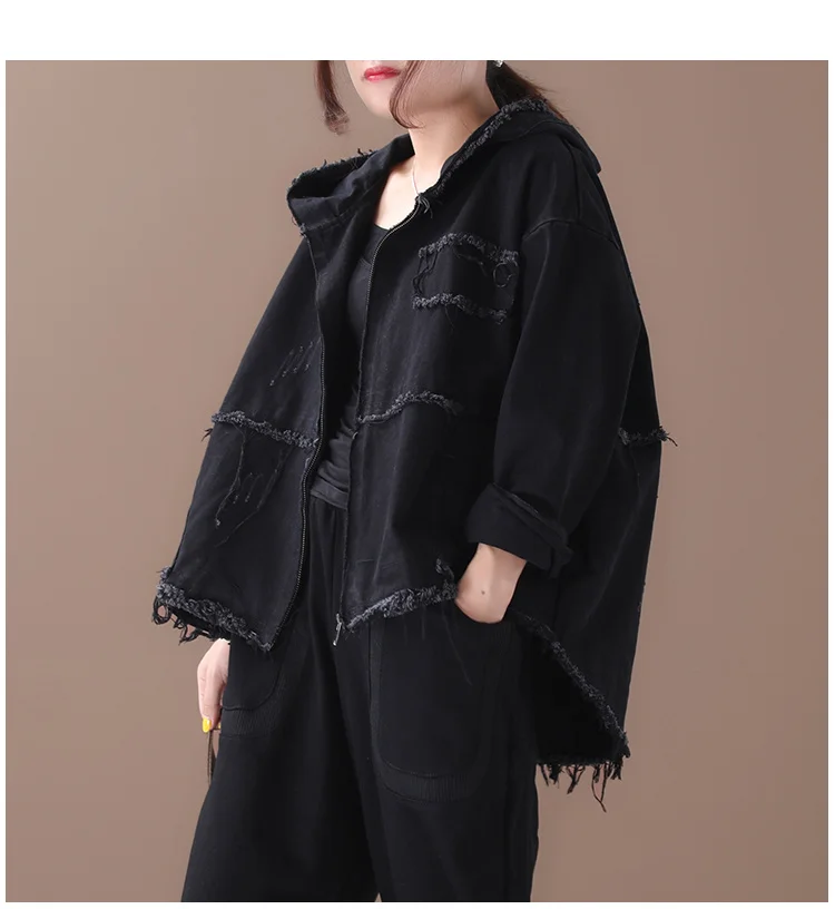 Amax luluE Korean Womens Loose Outerwear Fashion Coats Ladies Hooded Clothes Vintage Spring Jackets Oversized Denim Streetwear