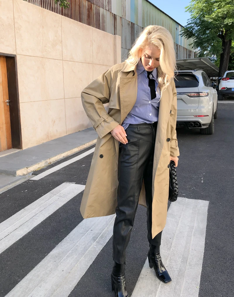 UK Brand new Fashion 2024 Fall /Autumn Casual Double breasted Simple Classic Long Trench coat with belt Chic Female windbreaker