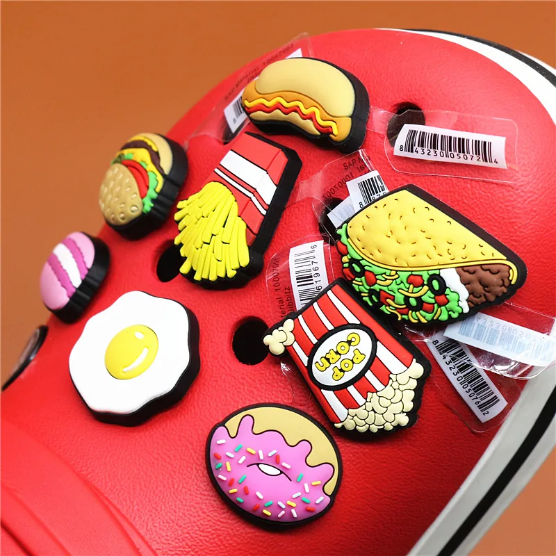 Original 1pcs Novelty Food PVC Shoe Decorations Accessories Donuts Popcorn Omelette Sandals Buckle Charms Kids Party Brand Gift
