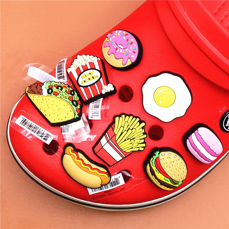 Original 1pcs Novelty Food PVC Shoe Decorations Accessories Donuts Popcorn Omelette Sandals Buckle Charms Kids Party Brand Gift