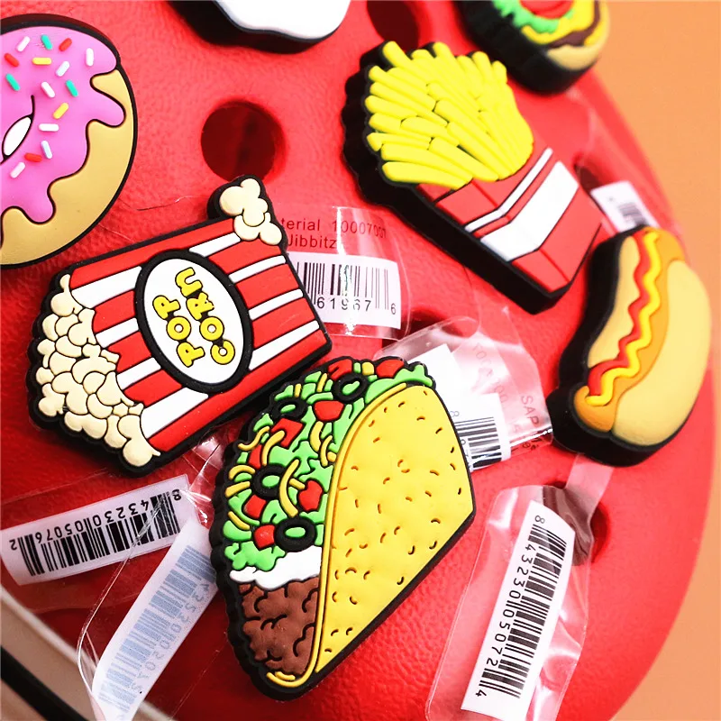 Original 1pcs Novelty Food PVC Shoe Decorations Accessories Donuts Popcorn Omelette Sandals Buckle Charms Kids Party Brand Gift