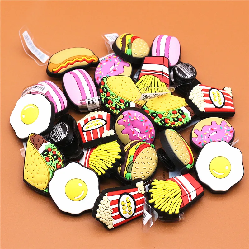 Original 1pcs Novelty Food PVC Shoe Decorations Accessories Donuts Popcorn Omelette Sandals Buckle Charms Kids Party Brand Gift