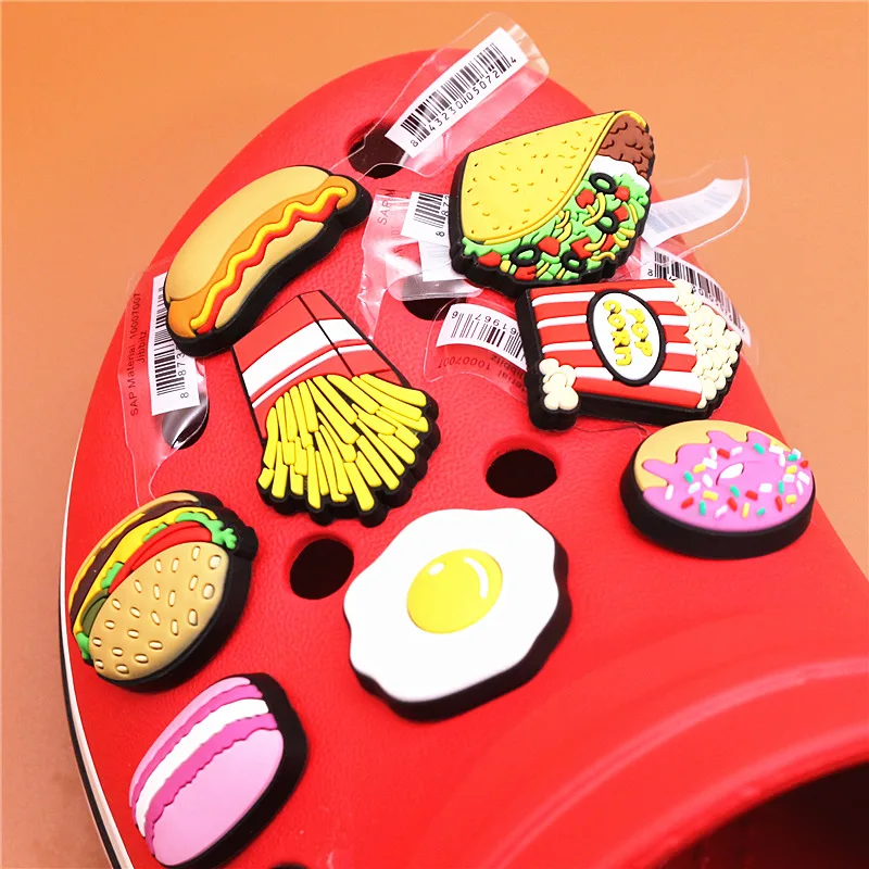 Original 1pcs Novelty Food PVC Shoe Decorations Accessories Donuts Popcorn Omelette Sandals Buckle Charms Kids Party Brand Gift