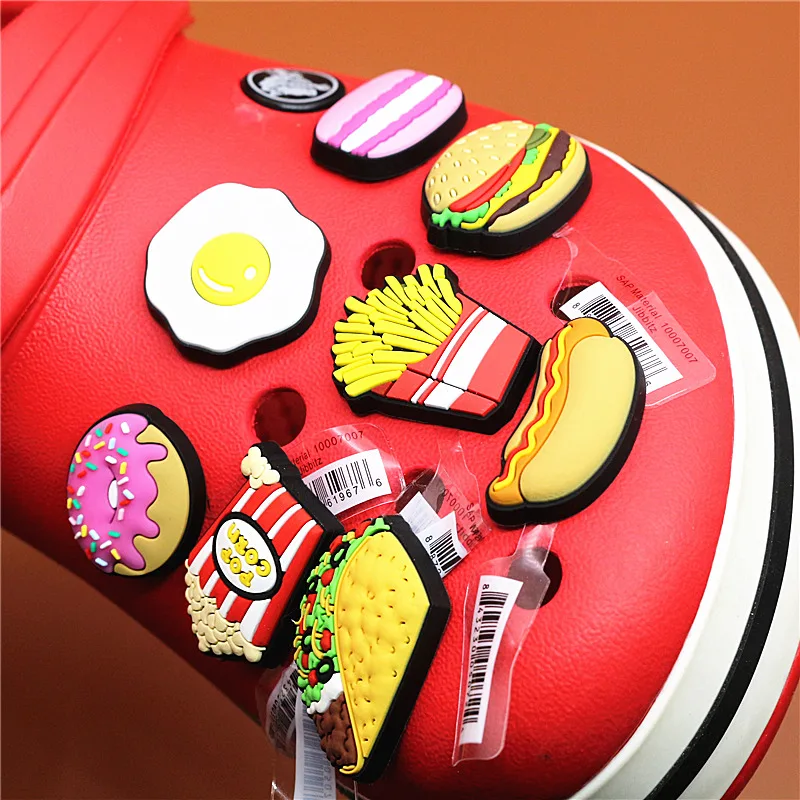 Original 1pcs Novelty Food PVC Shoe Decorations Accessories Donuts Popcorn Omelette Sandals Buckle Charms Kids Party Brand Gift