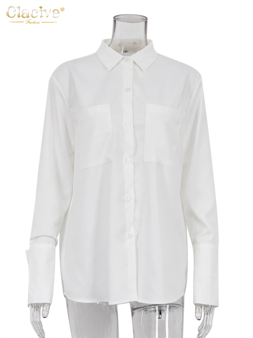 Clacive Fashion Woman Blouses 2022 Elegant Lapel Long Sleeve Office Lady Shirts Casual Loose White Pockets Tops Female Clothing