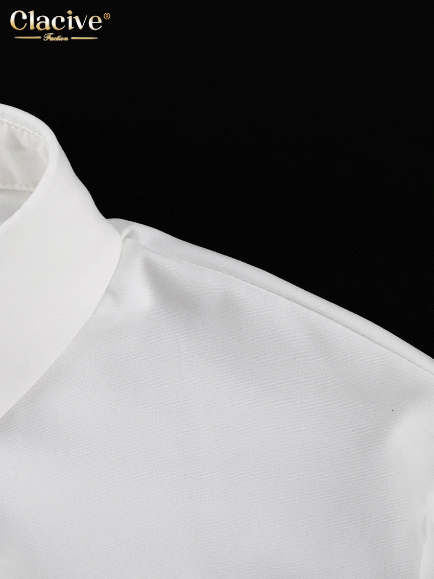 Clacive Fashion Woman Blouses 2022 Elegant Lapel Long Sleeve Office Lady Shirts Casual Loose White Pockets Tops Female Clothing
