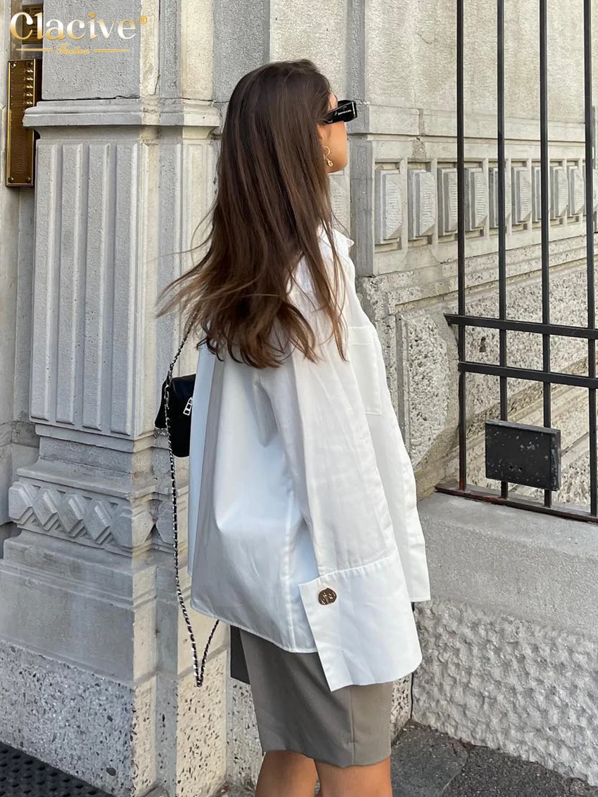 Clacive Fashion Woman Blouses 2022 Elegant Lapel Long Sleeve Office Lady Shirts Casual Loose White Pockets Tops Female Clothing