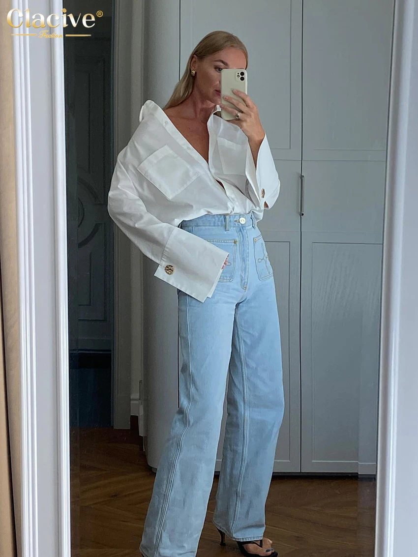 Clacive Fashion Woman Blouses 2022 Elegant Lapel Long Sleeve Office Lady Shirts Casual Loose White Pockets Tops Female Clothing