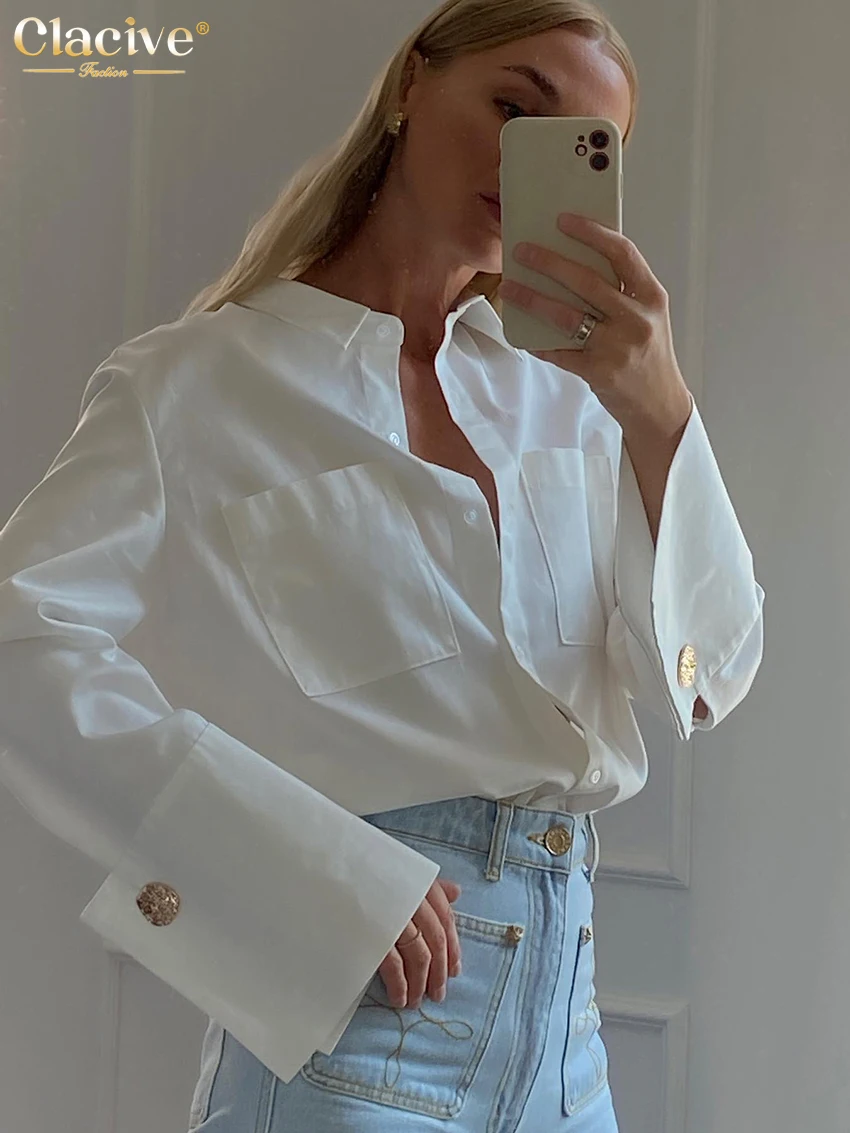 Clacive Fashion Woman Blouses 2022 Elegant Lapel Long Sleeve Office Lady Shirts Casual Loose White Pockets Tops Female Clothing