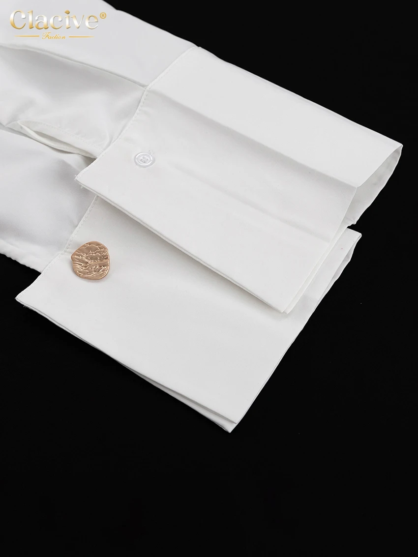 Clacive Fashion Woman Blouses 2022 Elegant Lapel Long Sleeve Office Lady Shirts Casual Loose White Pockets Tops Female Clothing