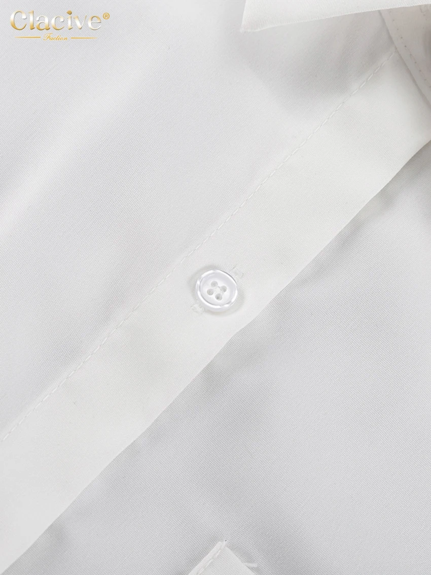 Clacive Fashion Woman Blouses 2022 Elegant Lapel Long Sleeve Office Lady Shirts Casual Loose White Pockets Tops Female Clothing