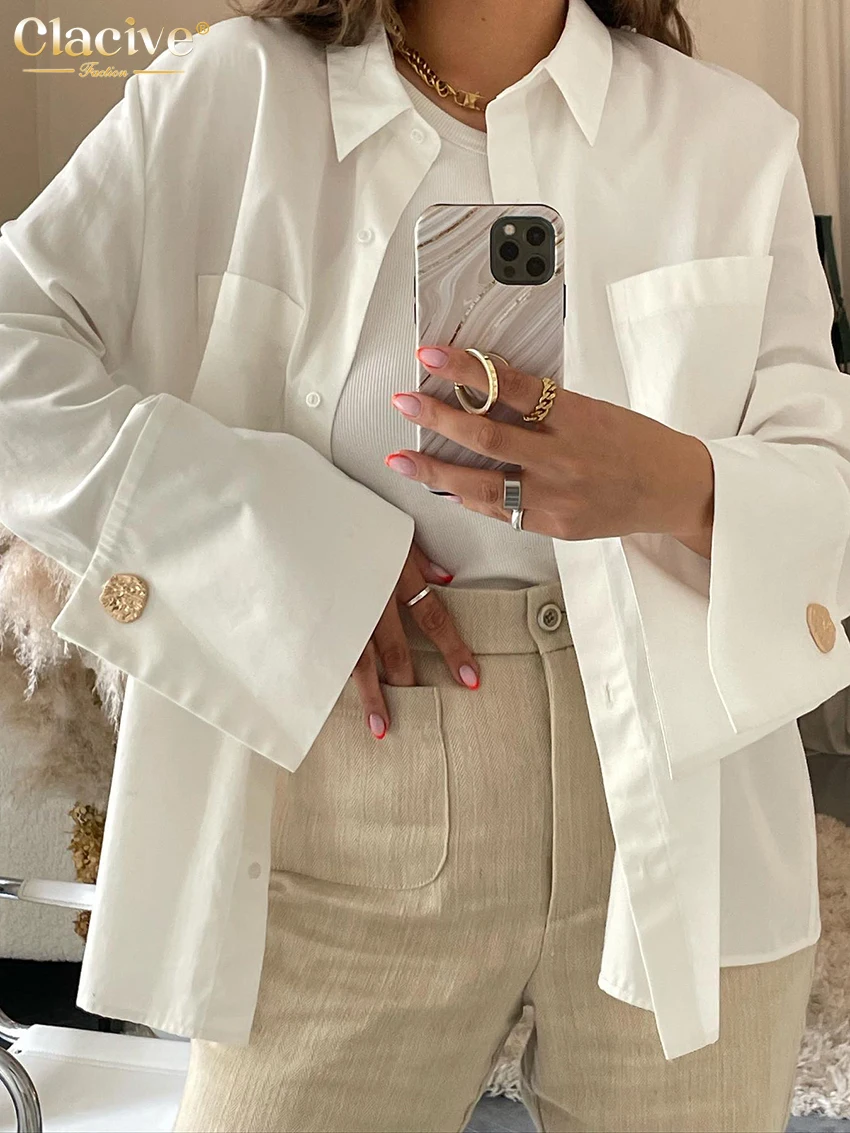 Clacive Fashion Woman Blouses 2022 Elegant Lapel Long Sleeve Office Lady Shirts Casual Loose White Pockets Tops Female Clothing