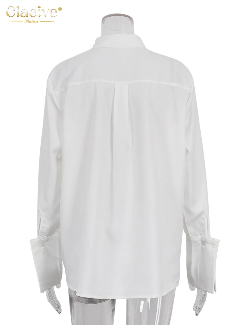 Clacive Fashion Woman Blouses 2022 Elegant Lapel Long Sleeve Office Lady Shirts Casual Loose White Pockets Tops Female Clothing