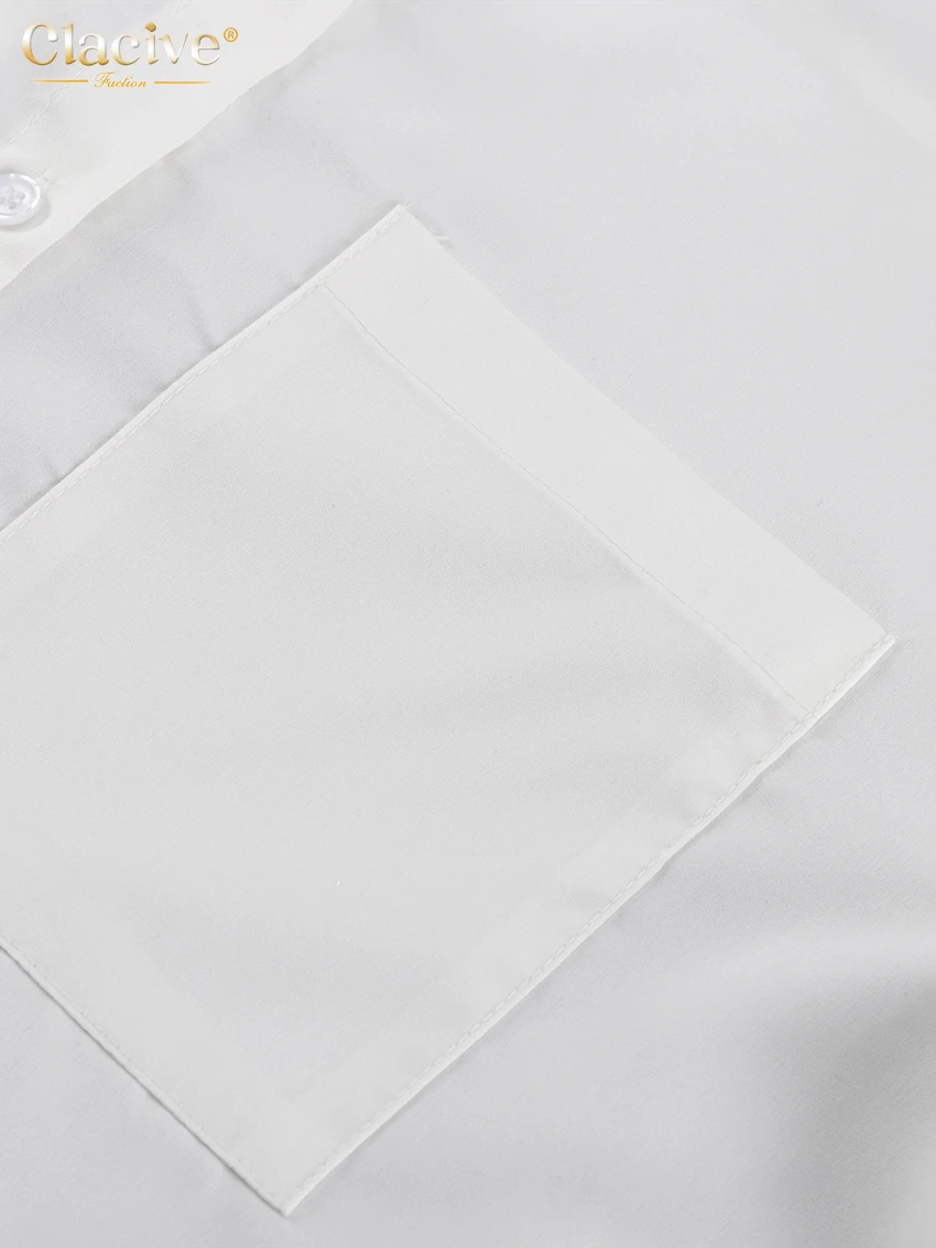 Clacive Fashion Woman Blouses 2022 Elegant Lapel Long Sleeve Office Lady Shirts Casual Loose White Pockets Tops Female Clothing