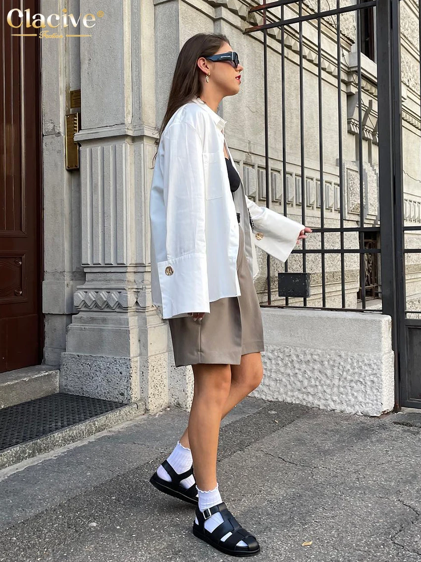 Clacive Fashion Woman Blouses 2022 Elegant Lapel Long Sleeve Office Lady Shirts Casual Loose White Pockets Tops Female Clothing