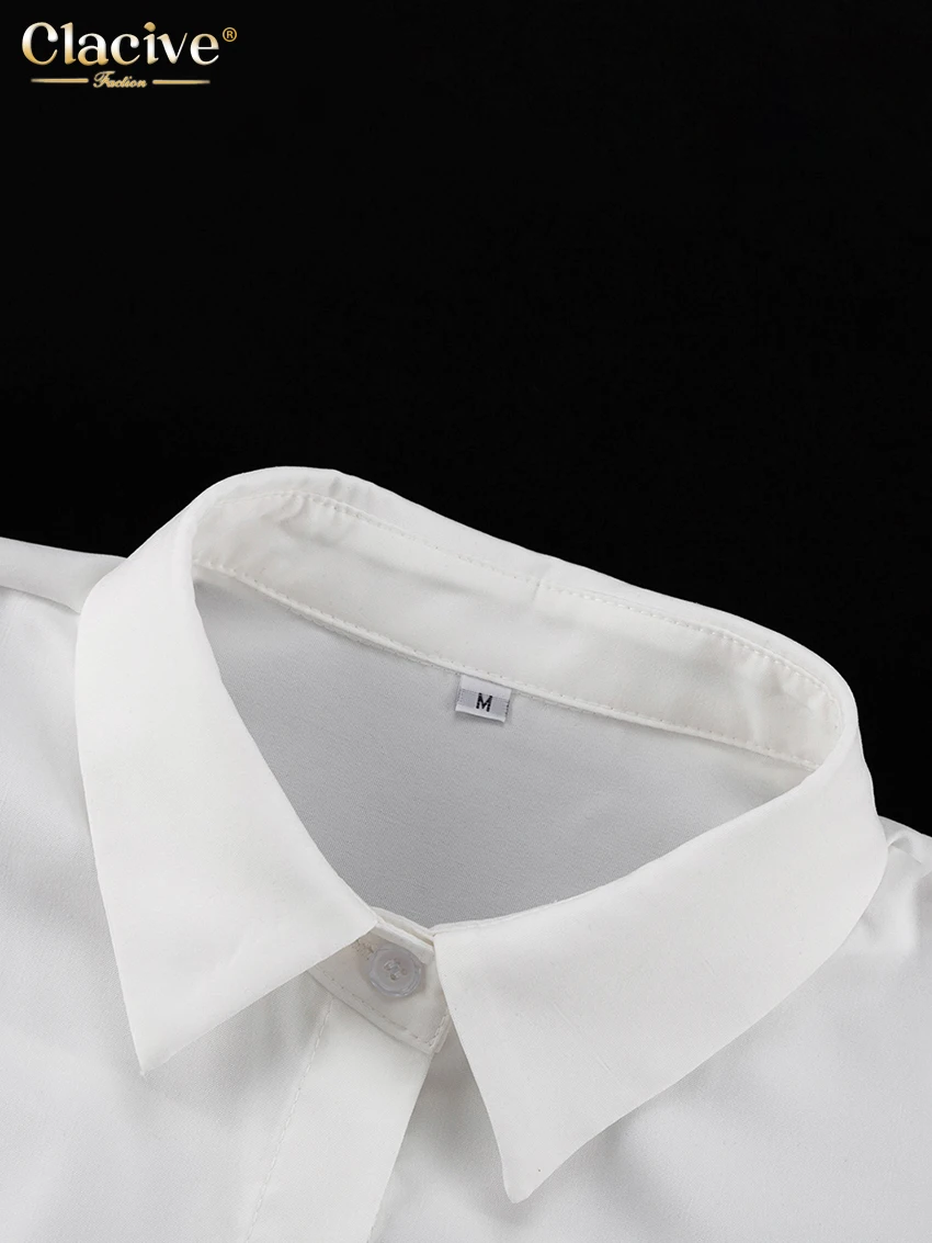 Clacive Fashion Woman Blouses 2022 Elegant Lapel Long Sleeve Office Lady Shirts Casual Loose White Pockets Tops Female Clothing