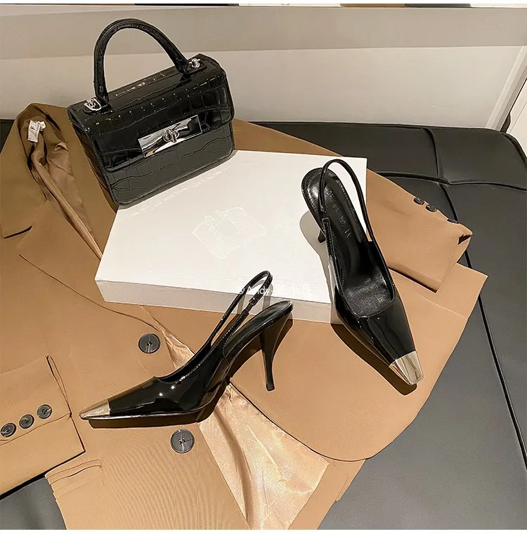 luxury women's shoes Women's Sandals With Heels Summer 2026 Leather Fashion Luxury Brand Pumps Metal Square Head High Heels shes