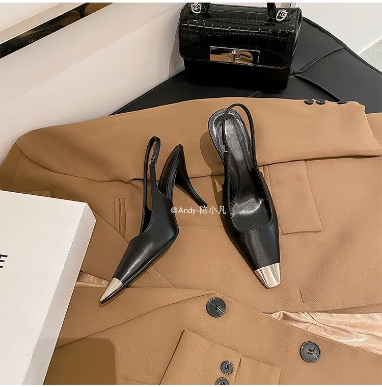 luxury women's shoes Women's Sandals With Heels Summer 2026 Leather Fashion Luxury Brand Pumps Metal Square Head High Heels shes