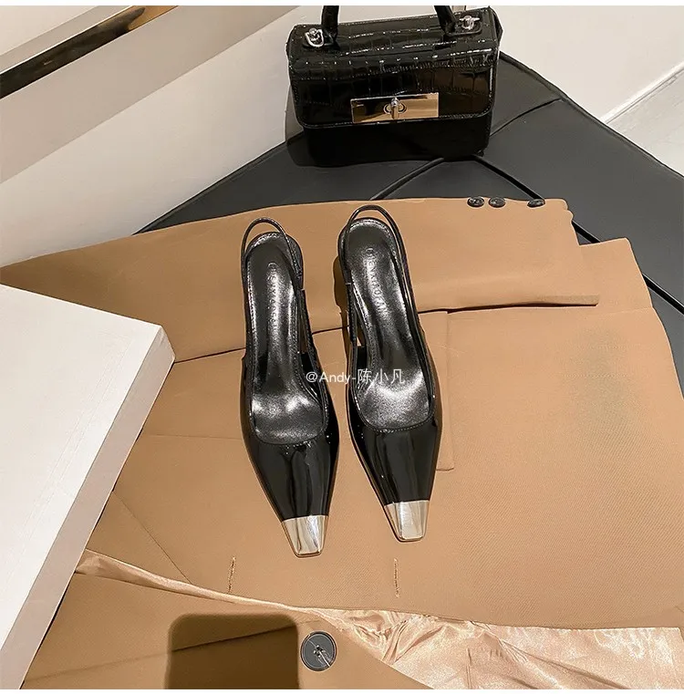 luxury women's shoes Women's Sandals With Heels Summer 2026 Leather Fashion Luxury Brand Pumps Metal Square Head High Heels shes